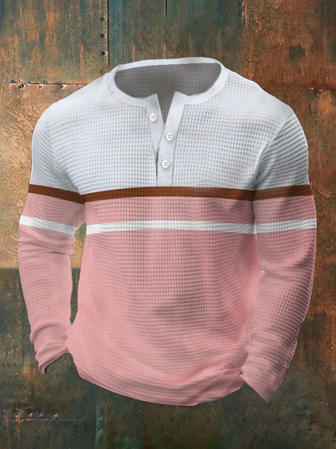 Men's Vintage Waffle Color Patch Henley Neck T-Shirt