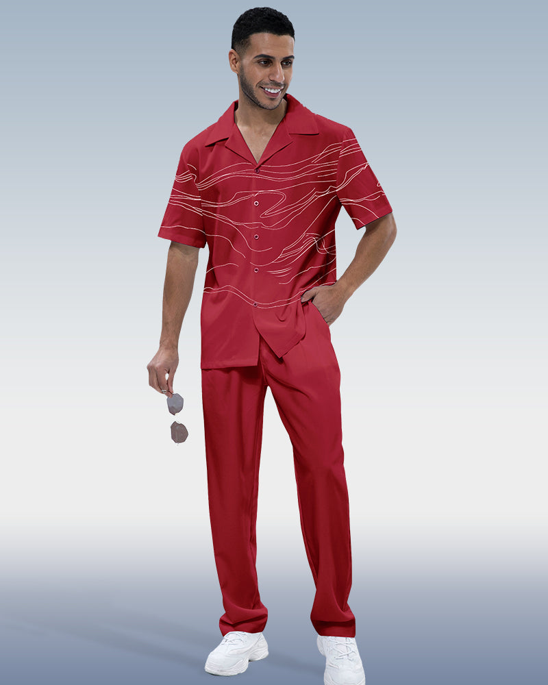 Rianmond Men's Red Art Print Short Sleeve Walking Suit