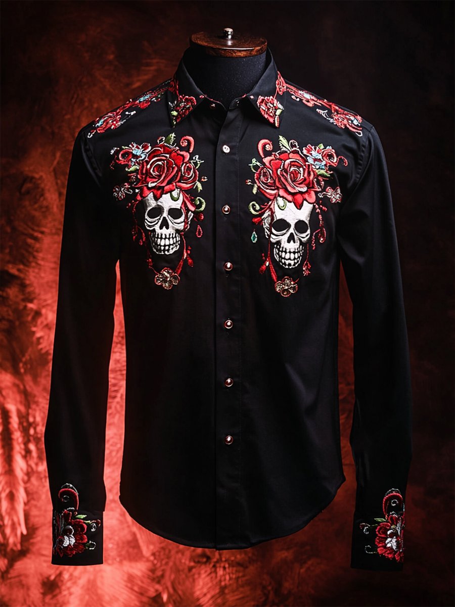 Men's Retro Casual Skull Print Long Sleeve Shirt