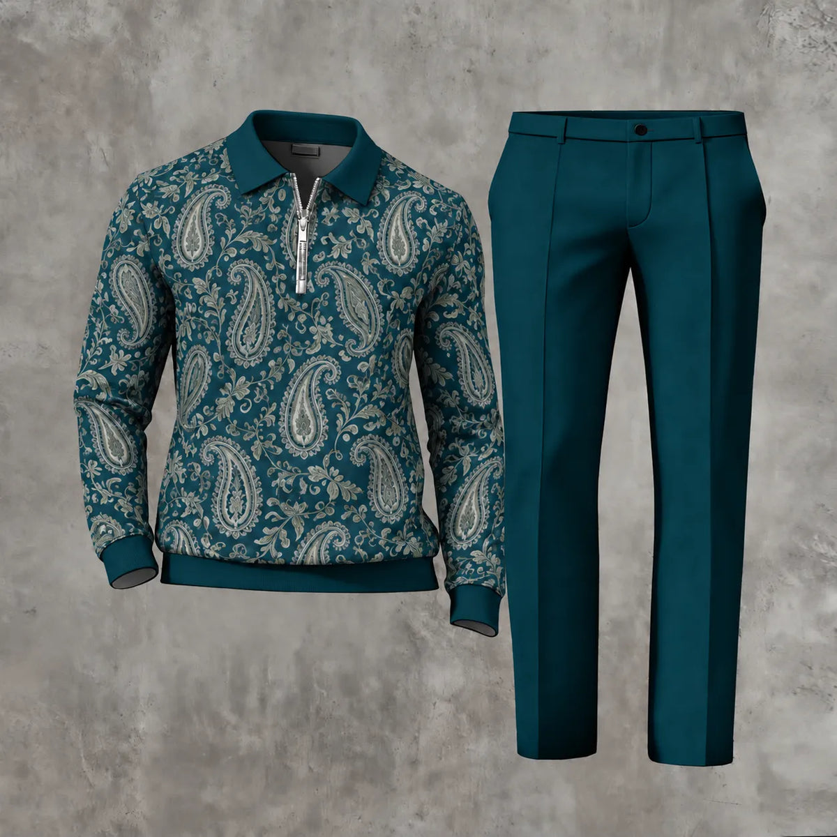 Men's Printed Zipper Polo Shirt and Pants Set
