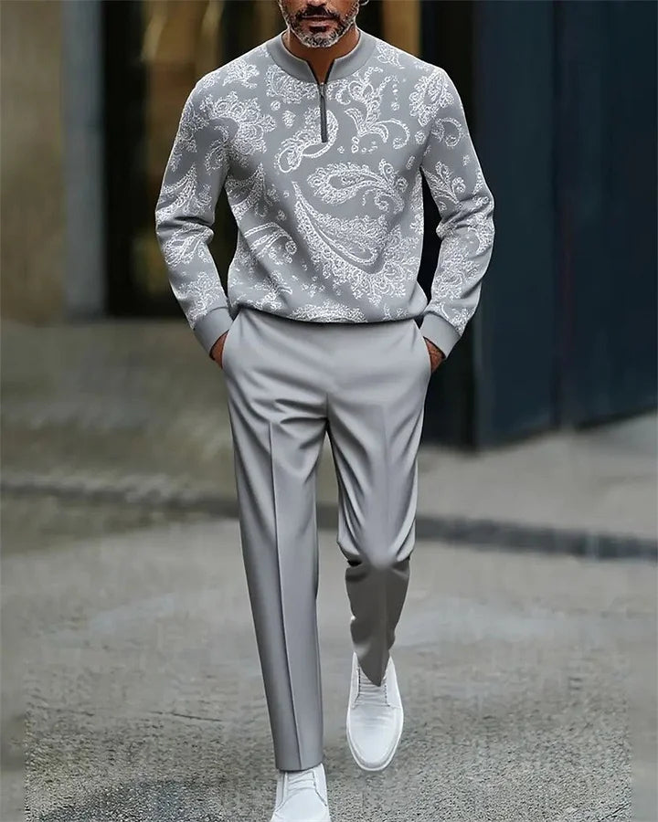 Men's Casual Color Matching Printed Round-Neck Zipper Long Sleeved Trousers Two-Piece Set
