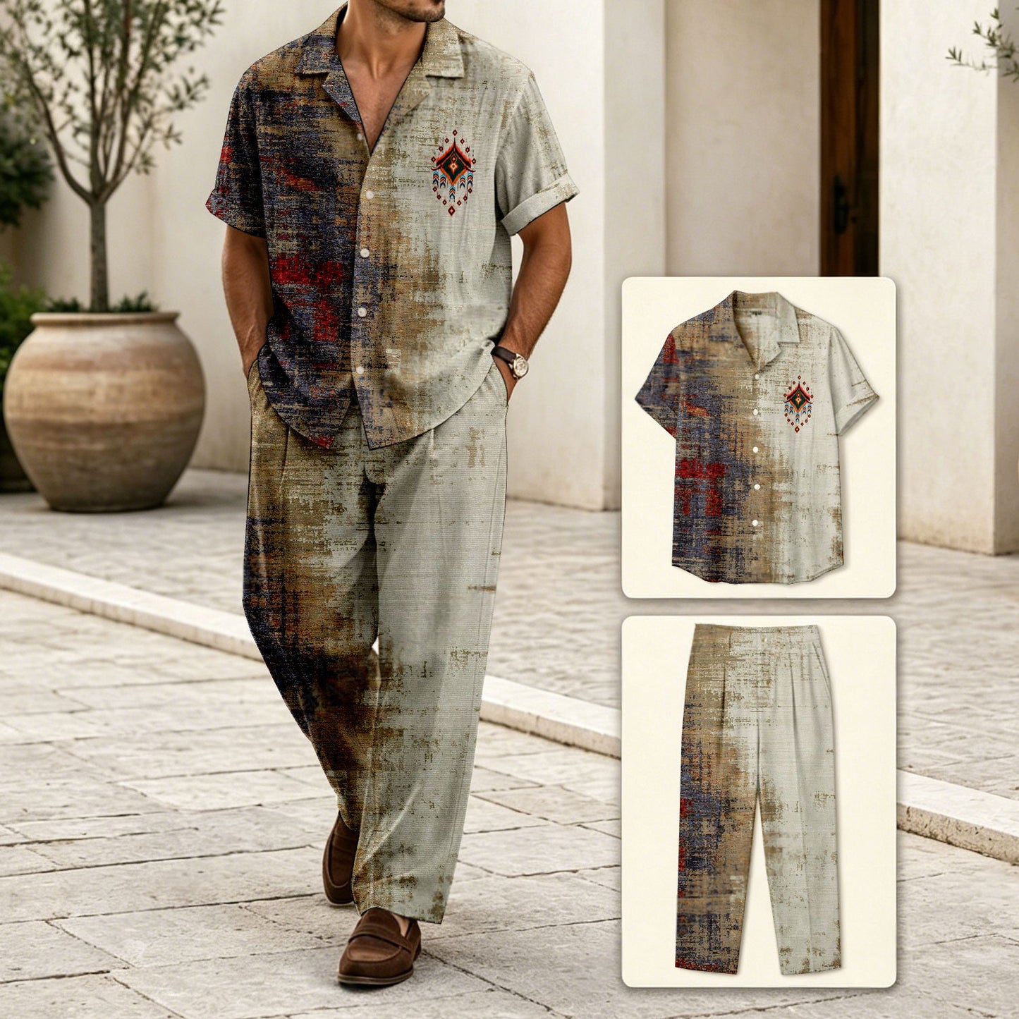 Men's Black & Gray Casual Color-Blocked Geometric Print Short-Sleeved Shirt And Trousers Two-Piece Set