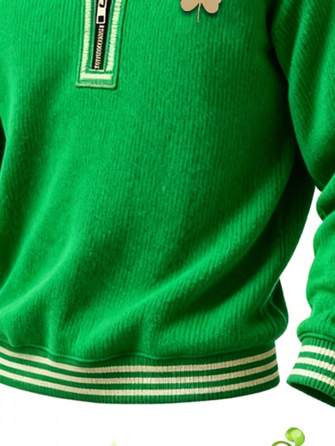 (Detachable Shamrock Brooch Included) Men's Casual St. Patrick's Day Color-Block Half-Zip Stand-Collar Long-Sleeved Sweatshirt