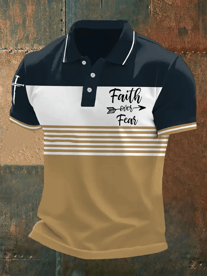 Men's Retro Faith “Faith Over Fear�? Casual Printed Polo Shirt
