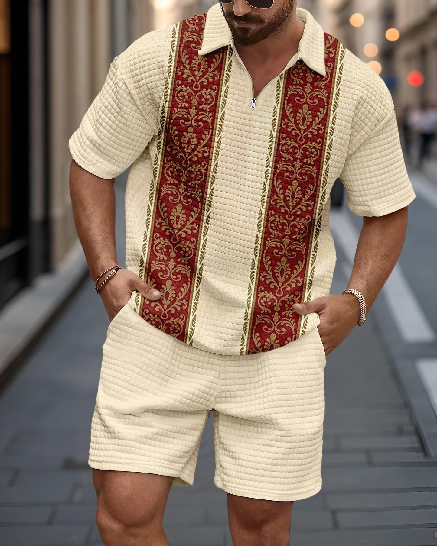 Men's Casual Art Print Waffle Texture Summer Polo Set 060