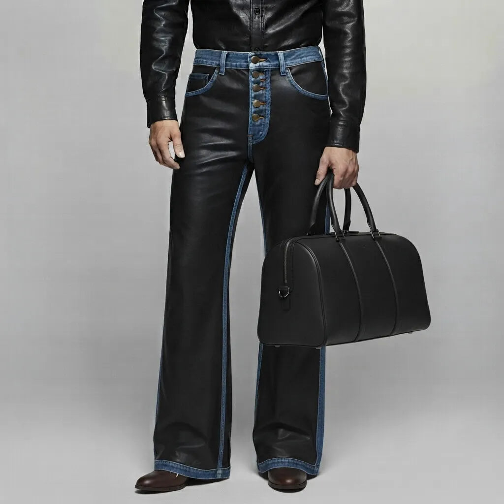 Men's Black PU Leather Denim Splicing Multi-Button Straight Leg Pants