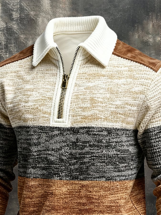 Men's Retro Color Block Print Zipper Sweatshirt