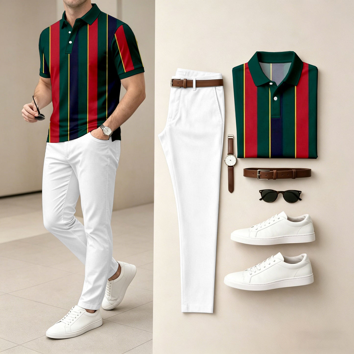 Men's Casual Red Printed Polo Shirt And Pants Two-Piece Set