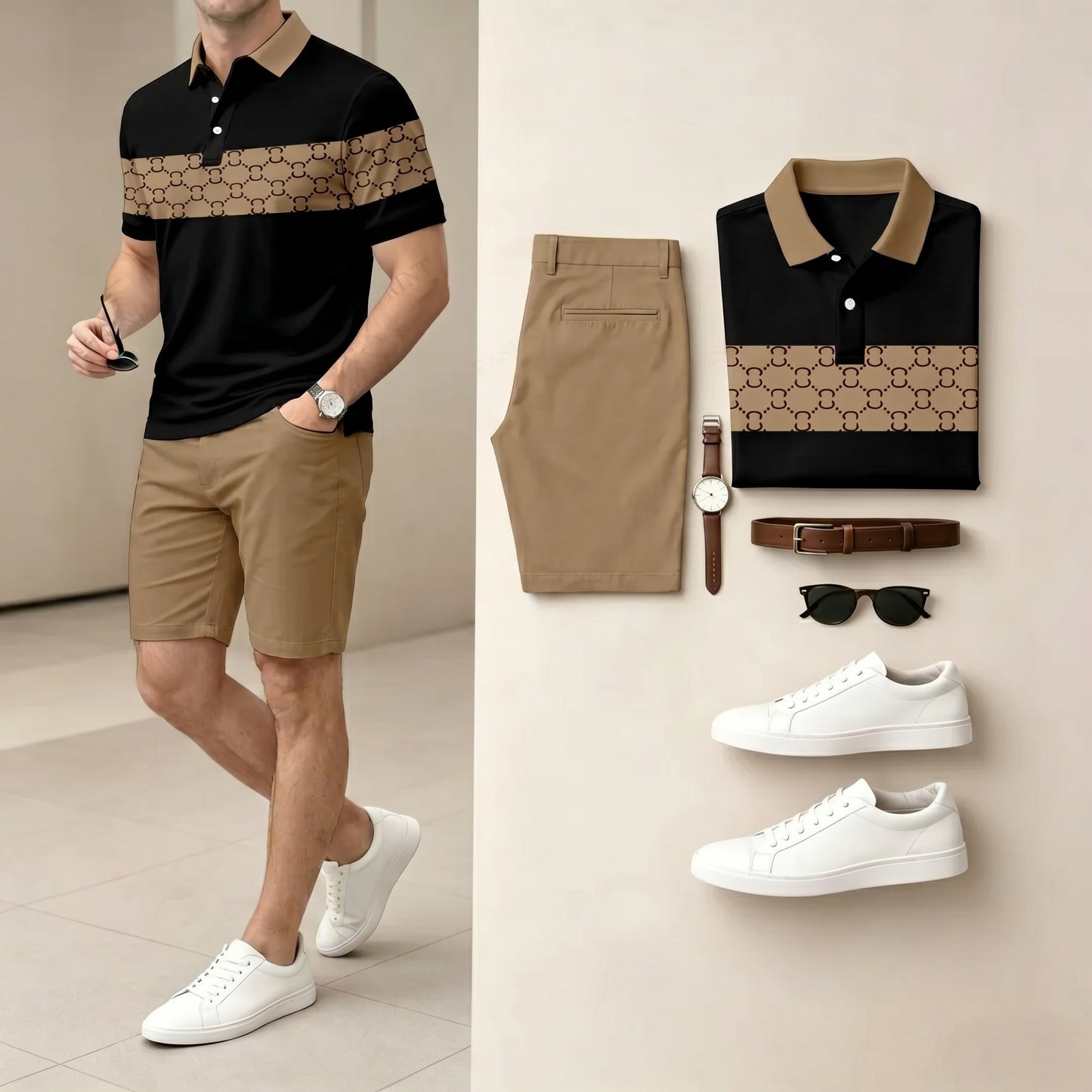 Men's Casual Black and brown Color Spliced Stripes Color Polo Shirt & Shorts Two-Piece Set