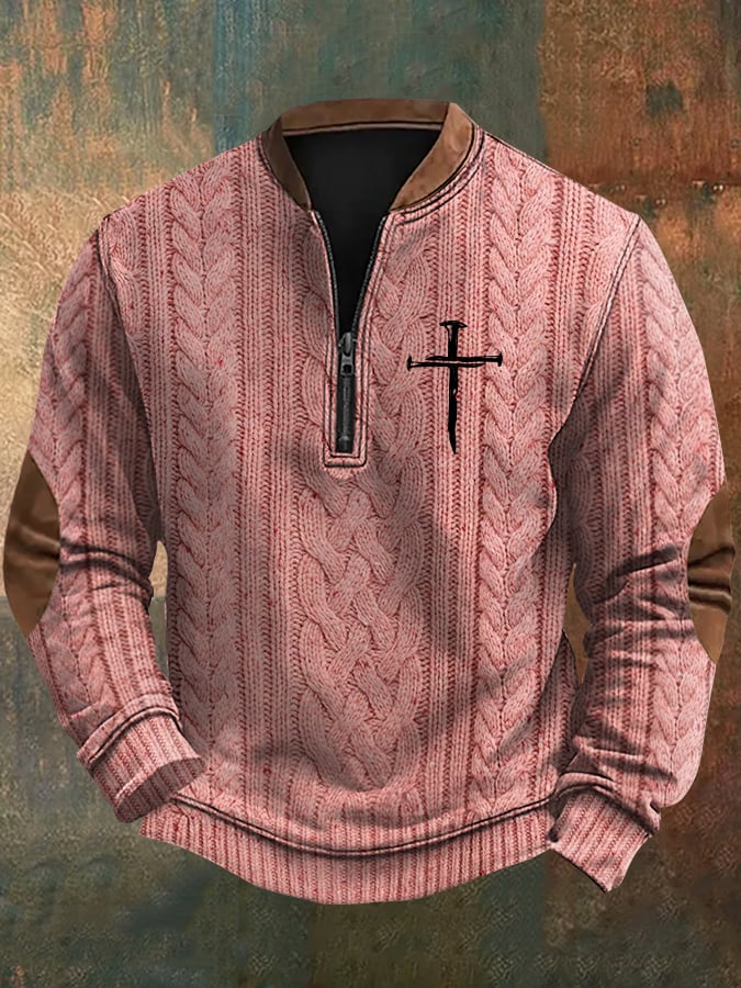 Men's Faith Cross Print Zipper Neck Knit Sweatshirt