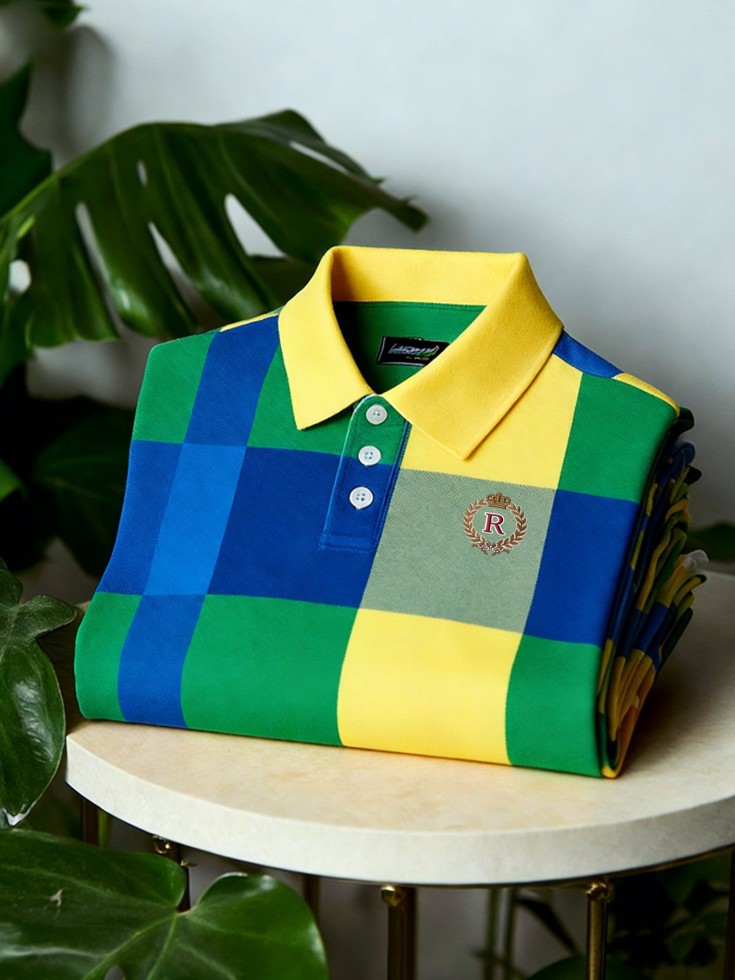 Men's Business Casual Button Short Sleeve Colorblock Plaid Polo Shirt