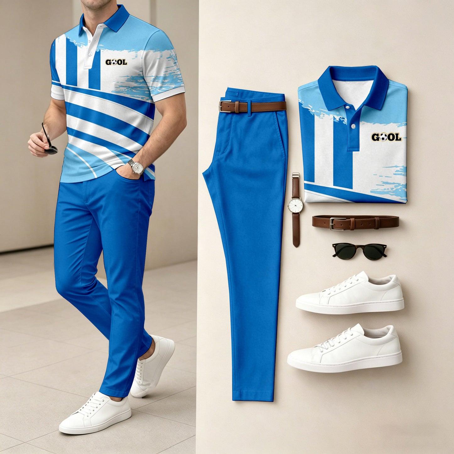 Men's Casual Blue Stripes Sporty Printed Polo Shirt And Pants Two-Piece Set