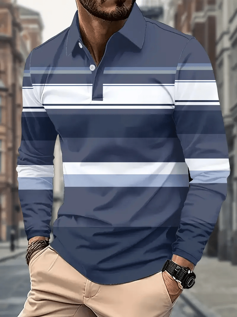 Men's Retro Business Stripe Print Long Sleeve Polo Shirt