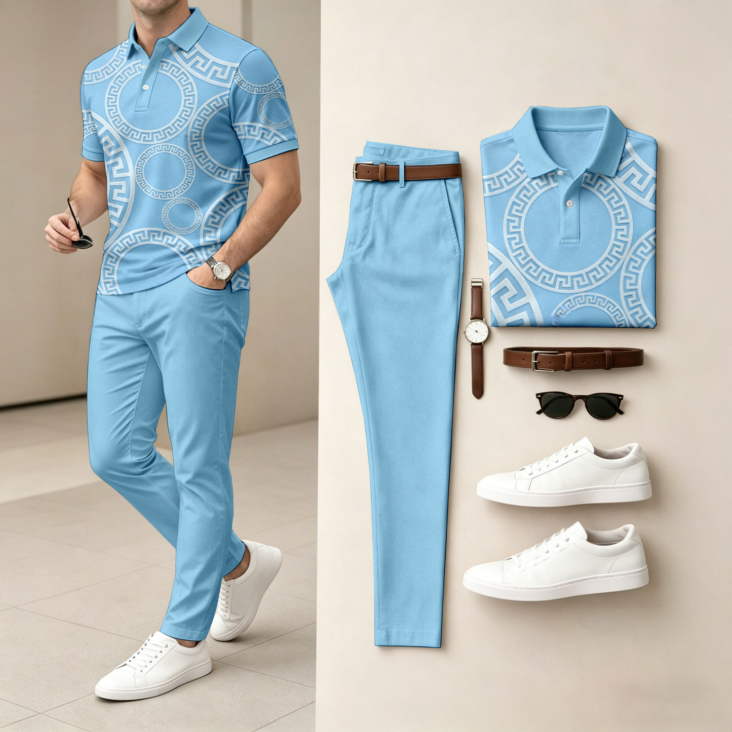 Men's Casual Short-Sleeve Polo Shirt And Trousers Set With Herringbone Print (Excludes Accessories Such As Watches And Belts)