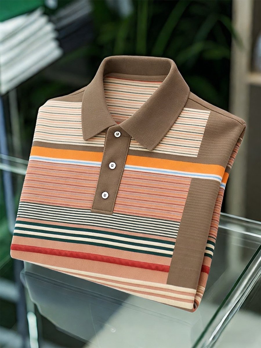 Men's Vintage Business Striped Long Sleeve Polo Shirt