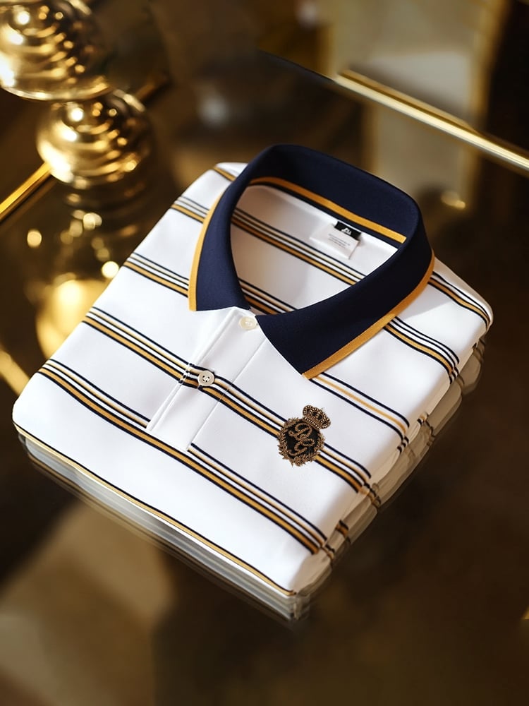 Men's Classic Business Check Logo Button Short Sleeve Polo Shirt