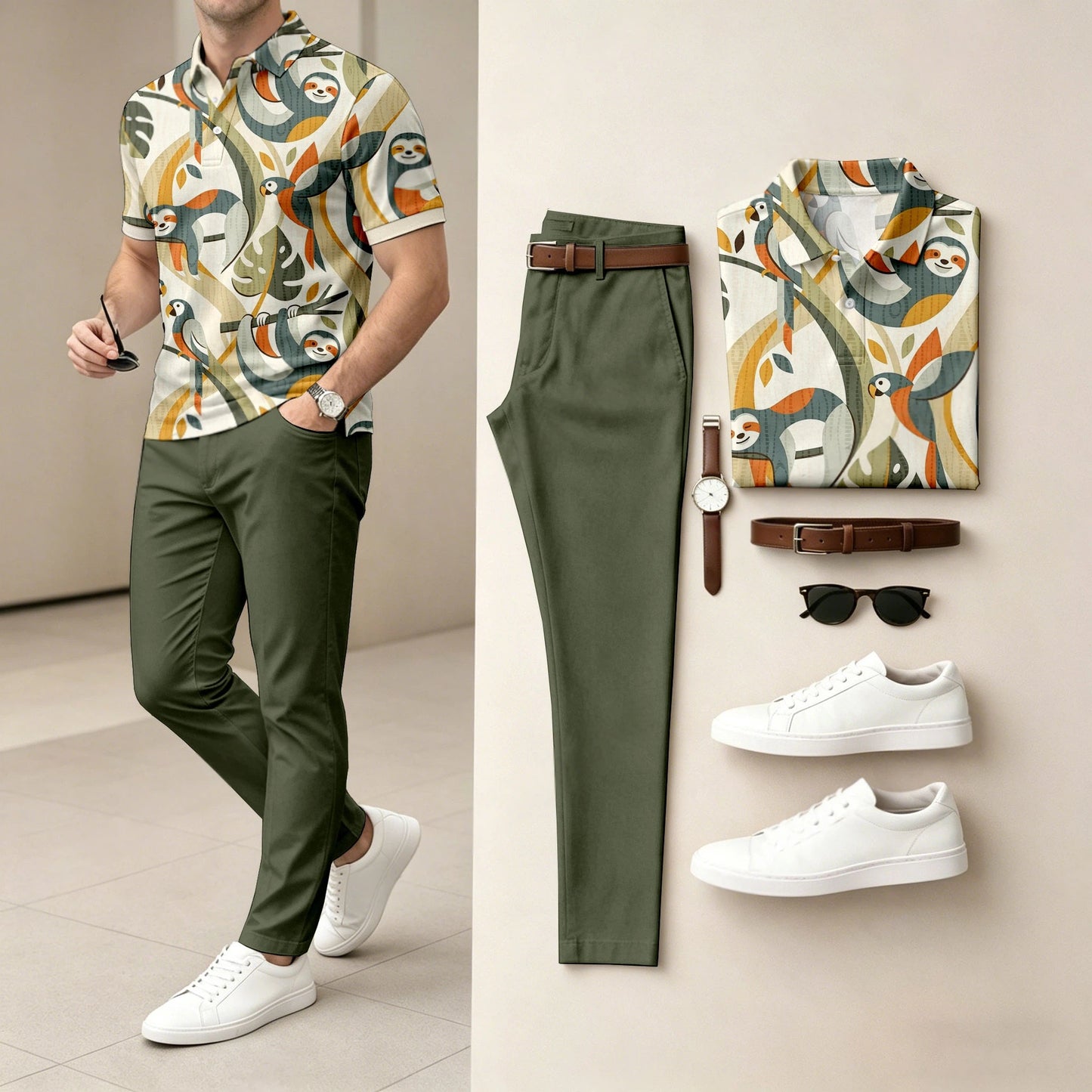 Men's Casual Color Block Plant Print Polo Shirt And Pants Two-Piece Set