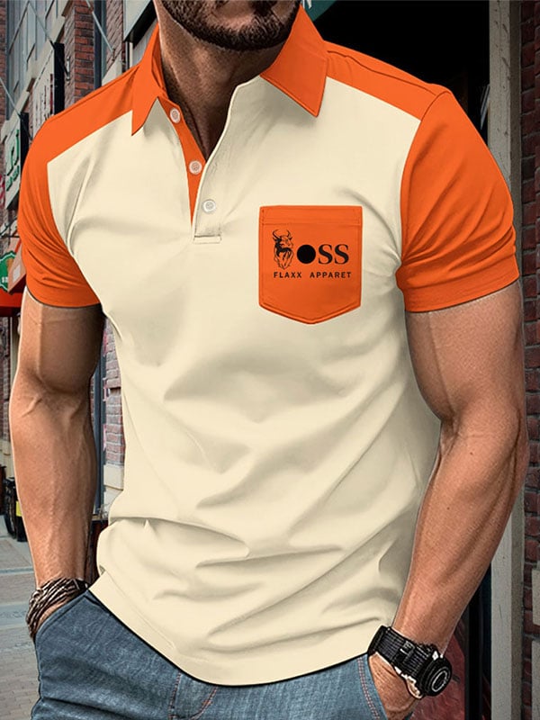Men's Business Color-Blocked Logo Button-Down Short Sleeve Polo Shirt