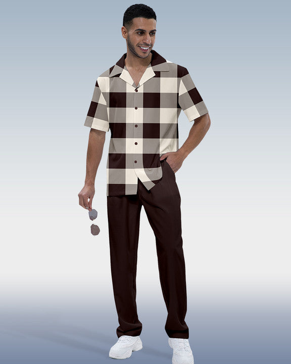 Rianmond Men's Colorblock Check Short Sleeve Shirt Walking Set 366