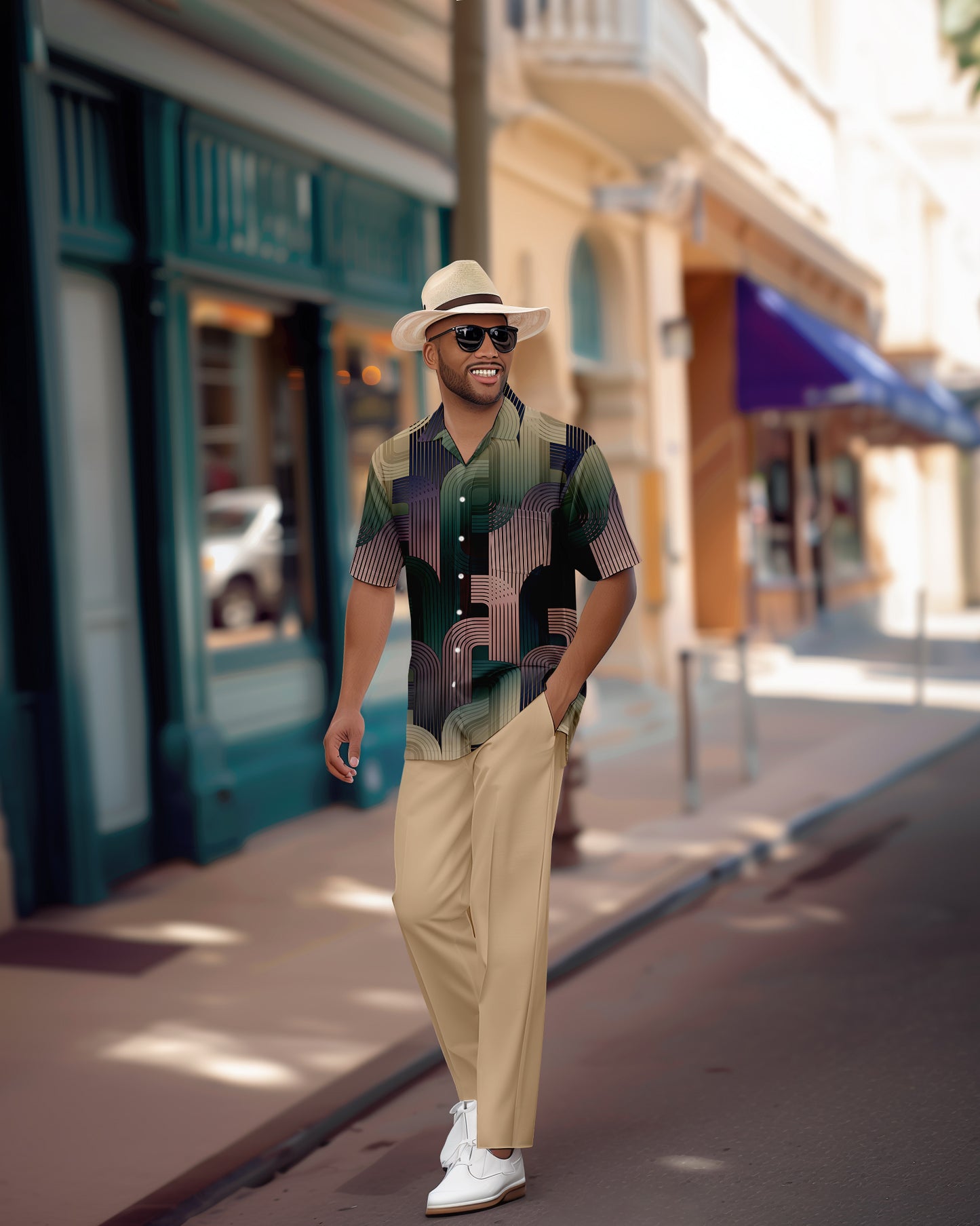 Men's Retro Colorblock Short Sleeve Shirt Walking Suit 1154