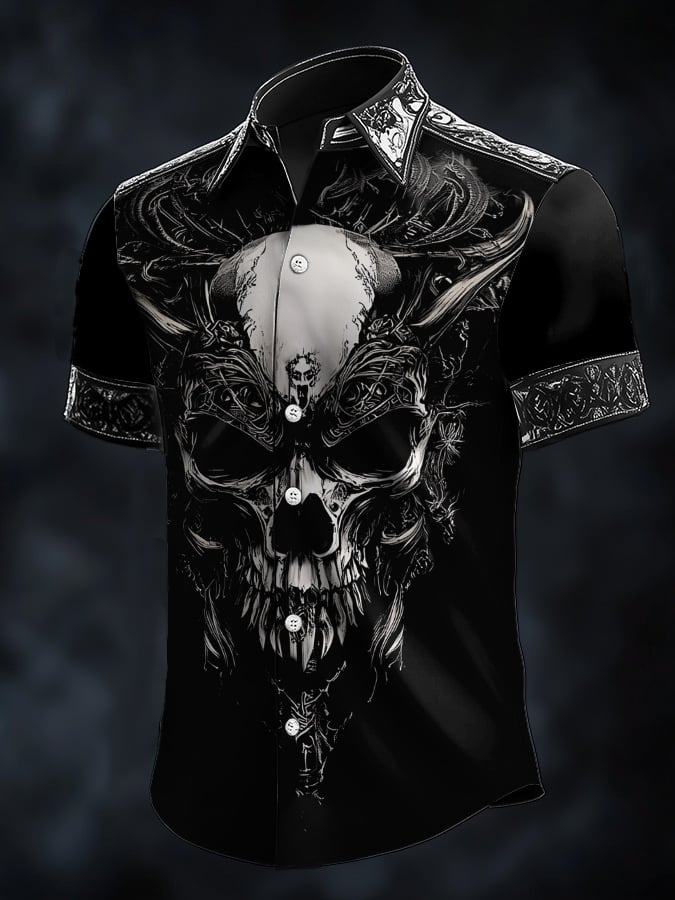Men's Casual Vintage Viking Skull Satin Shirt