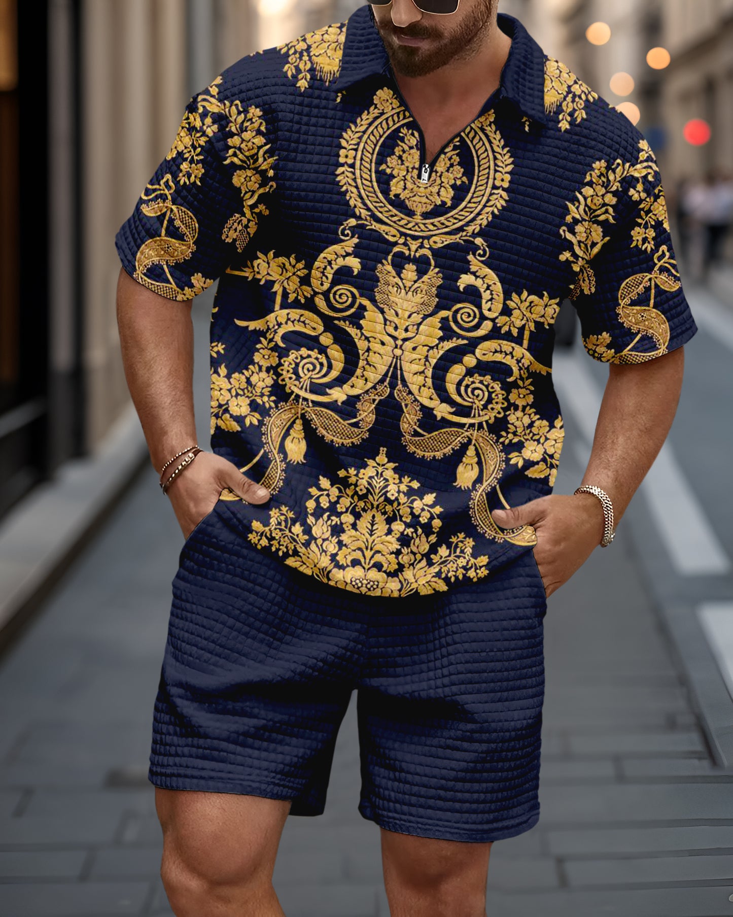 Men's Casual Art Print Waffle Texture Summer Polo Set 054