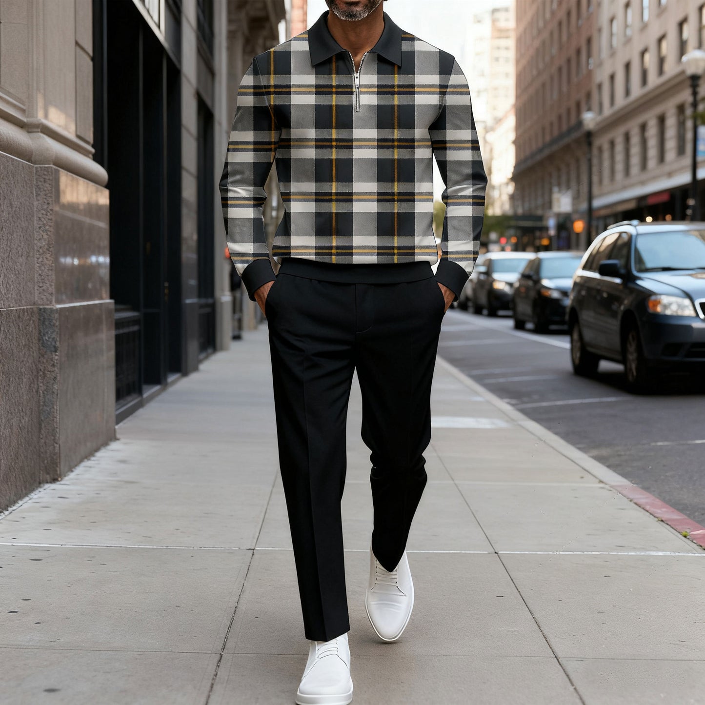 Men's Casual Color Matching Checked Printed Polo-Collar Zipper Long Sleeved Trousers Two-Piece Set