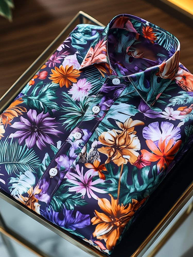 Men's Satin Luxe Hawaiian All Over Floral Short Sleeve Button Shirt