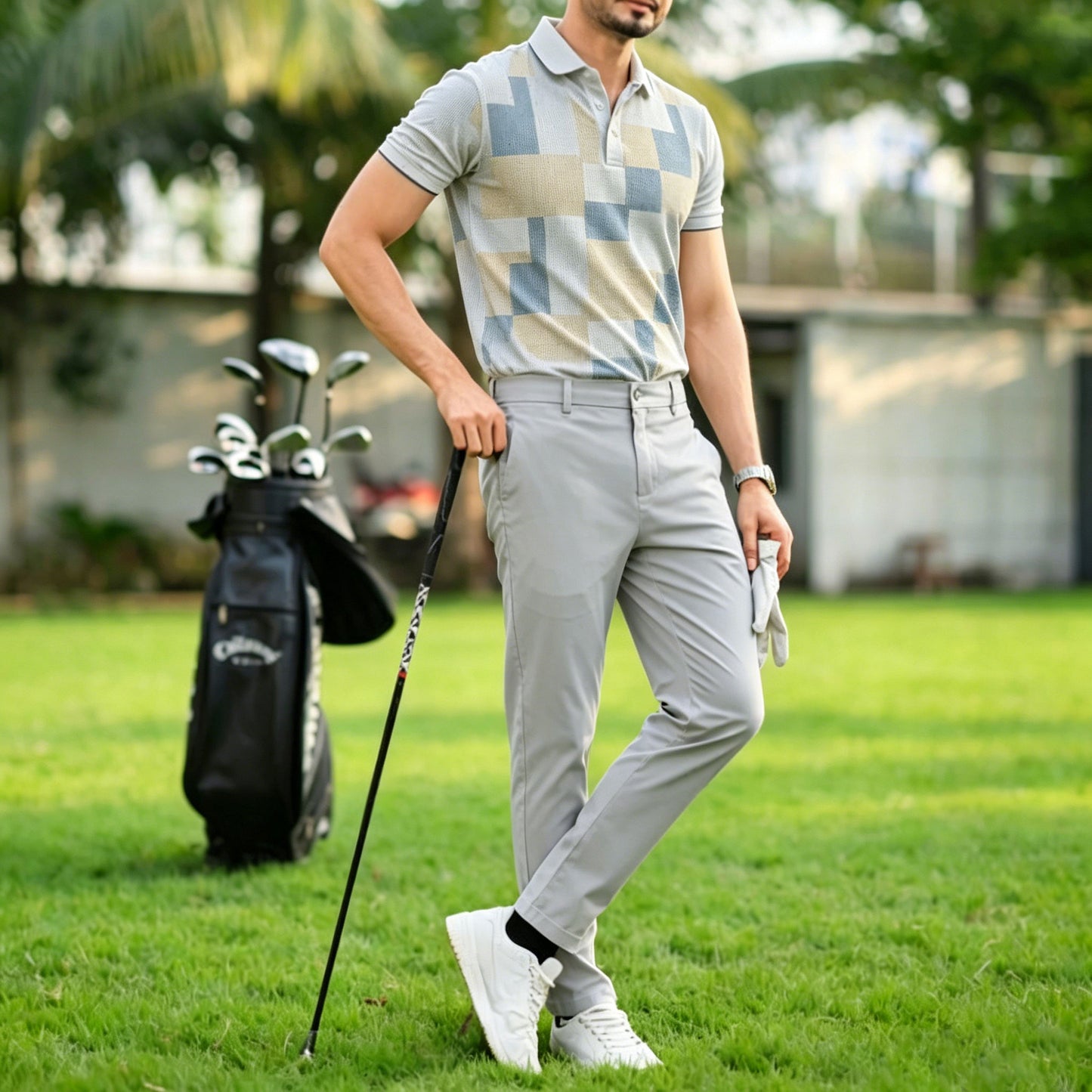 Men's Casual Gray Plaid Printed Polo Shirt And Pants Two-Piece Set