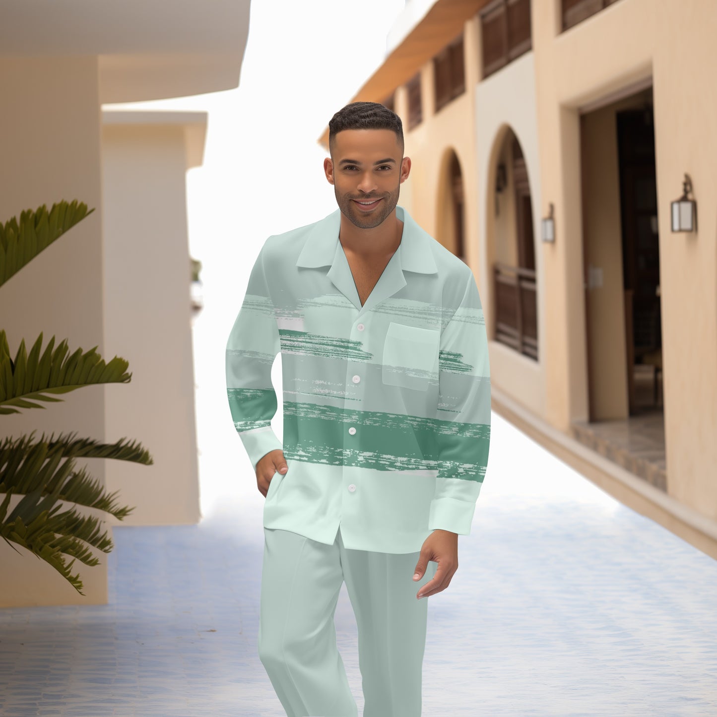 Men's Colorblock Printed Long Sleeve Shirt Casual Walking Suit 1464
