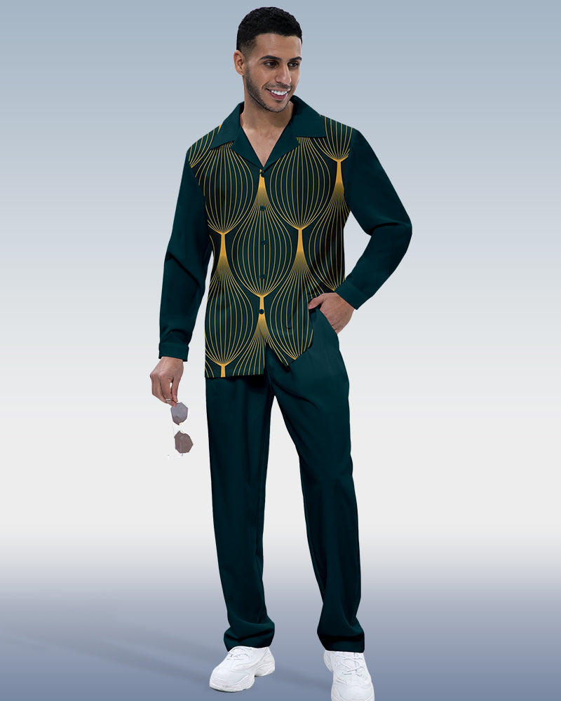 Men's retro printed long sleeve shirt walking suit 357