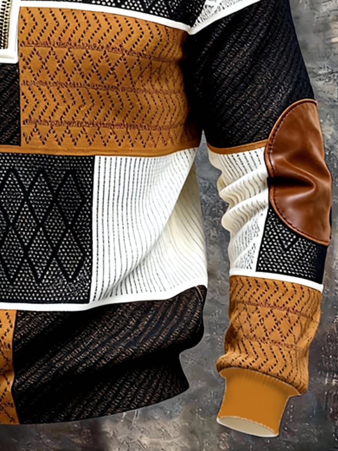 Men's Retro Color Block Print Color-Blocked Zip-Up Sweatshirt
