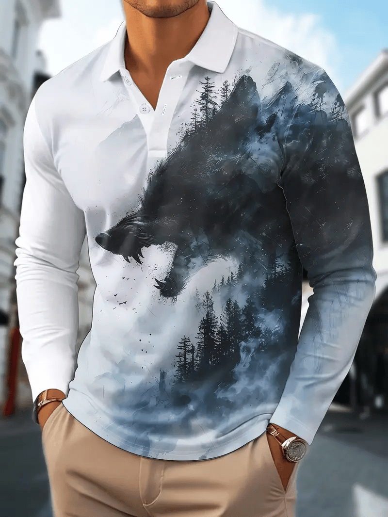 Men's Retro Business Stripe Print Long Sleeve Polo Shirt