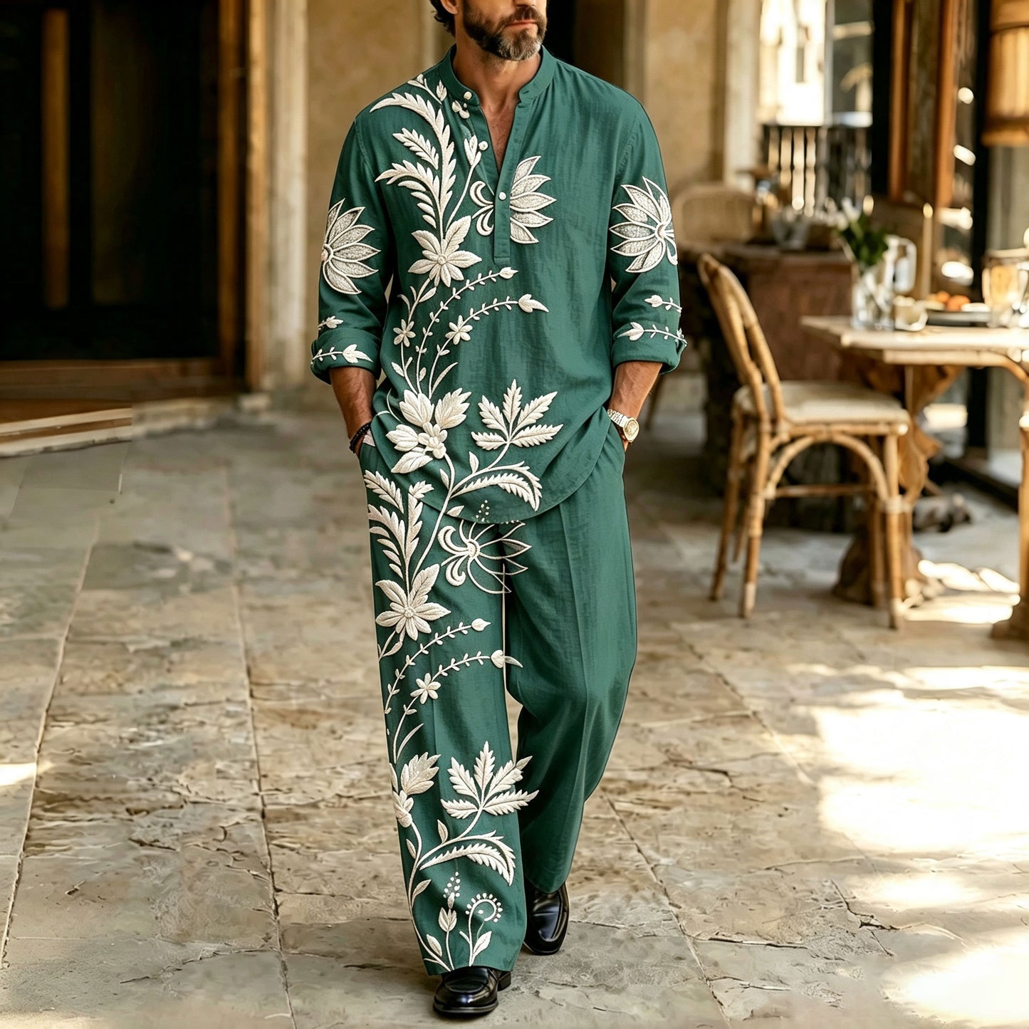 Men's Green Stand-Collar Polo Shirt and Pants Set