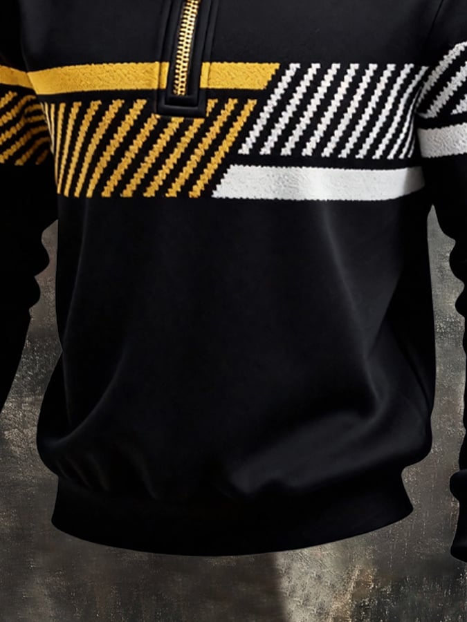 Men's Retro Color Block Print Zipper Sweatshirt