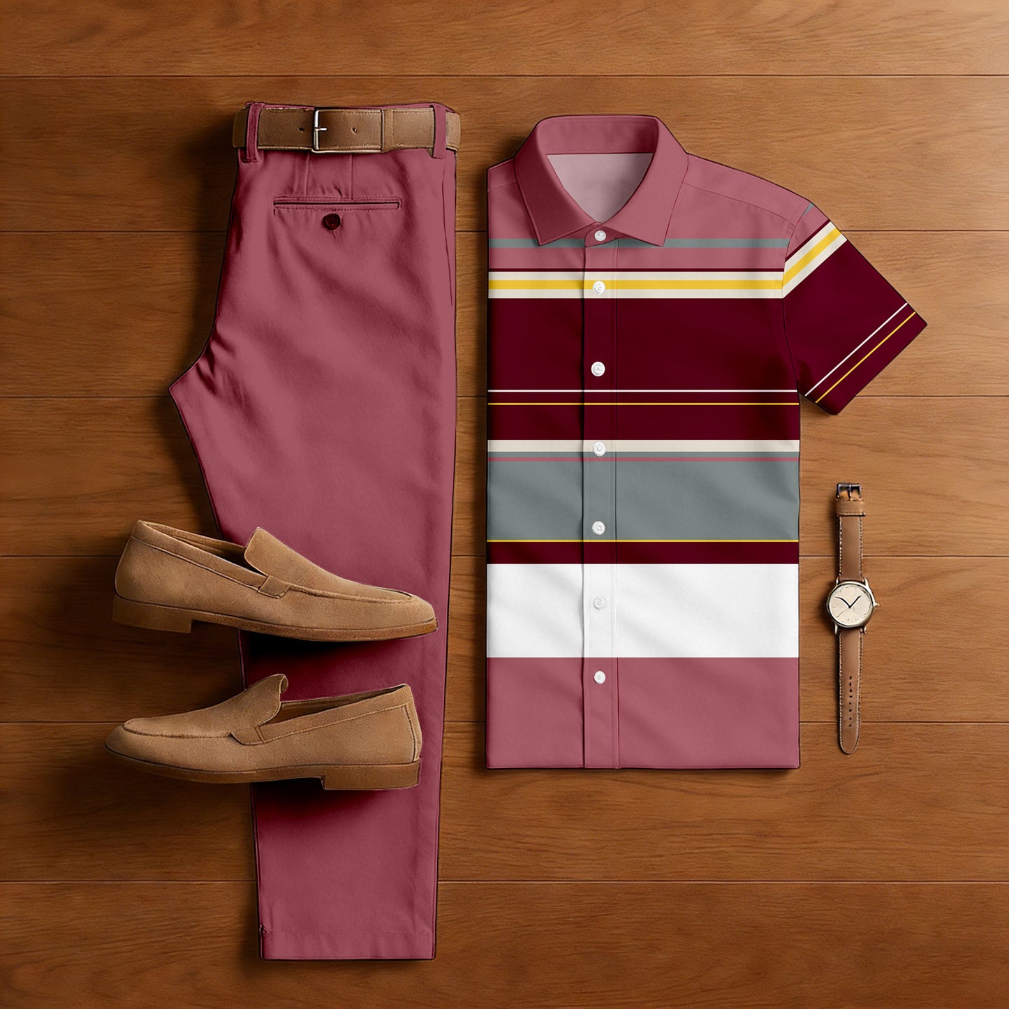 Men's Casual Pink & Maroon Color Matching Striped Print Short-Sleeve Shirt & Trousers Two-Piece Set