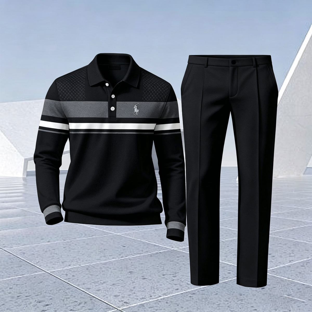 Men's Printed Polo Shirt and Pants Set