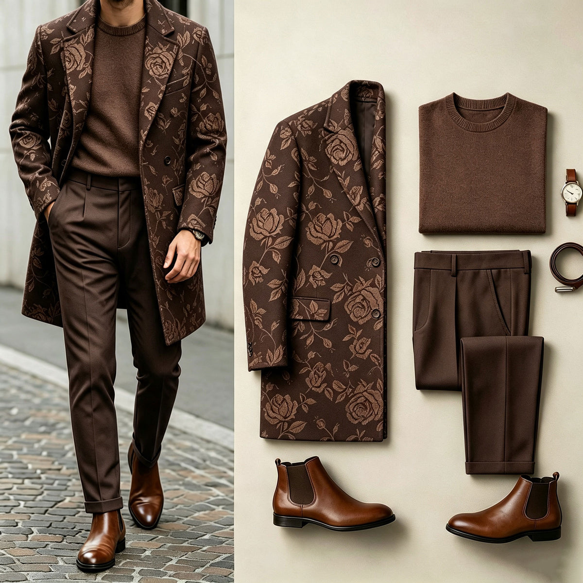 Men's Flower Three-Piece Set: Mid-Length Wool Coat, Crew-Neck Sweater, and Flowy Dress Pants