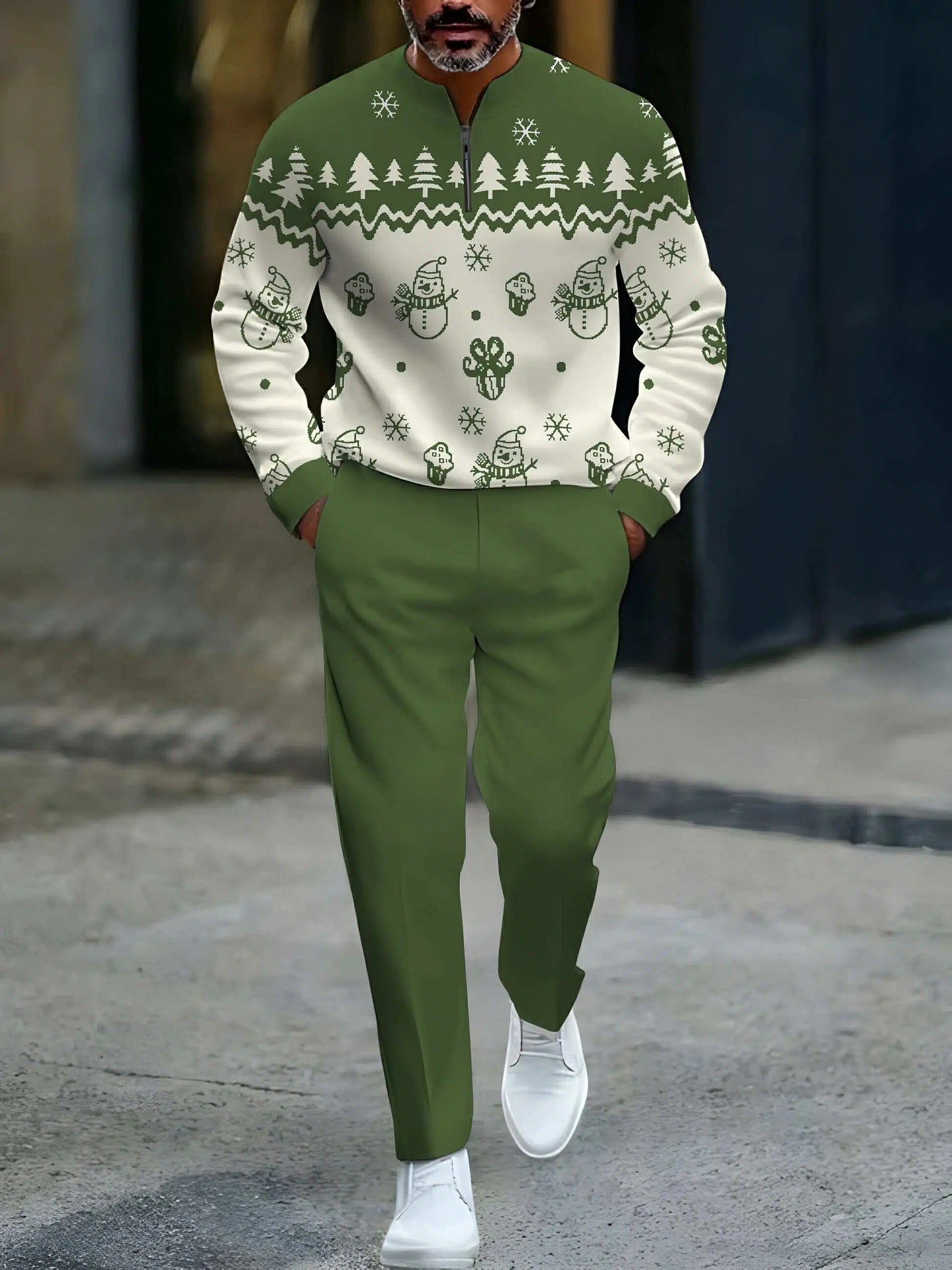 Men's Casual Green & White Color Matching Christmas Printed Round-Neck Zipper Long Sleeved Sweatshirt & Trousers Two-Piece Set