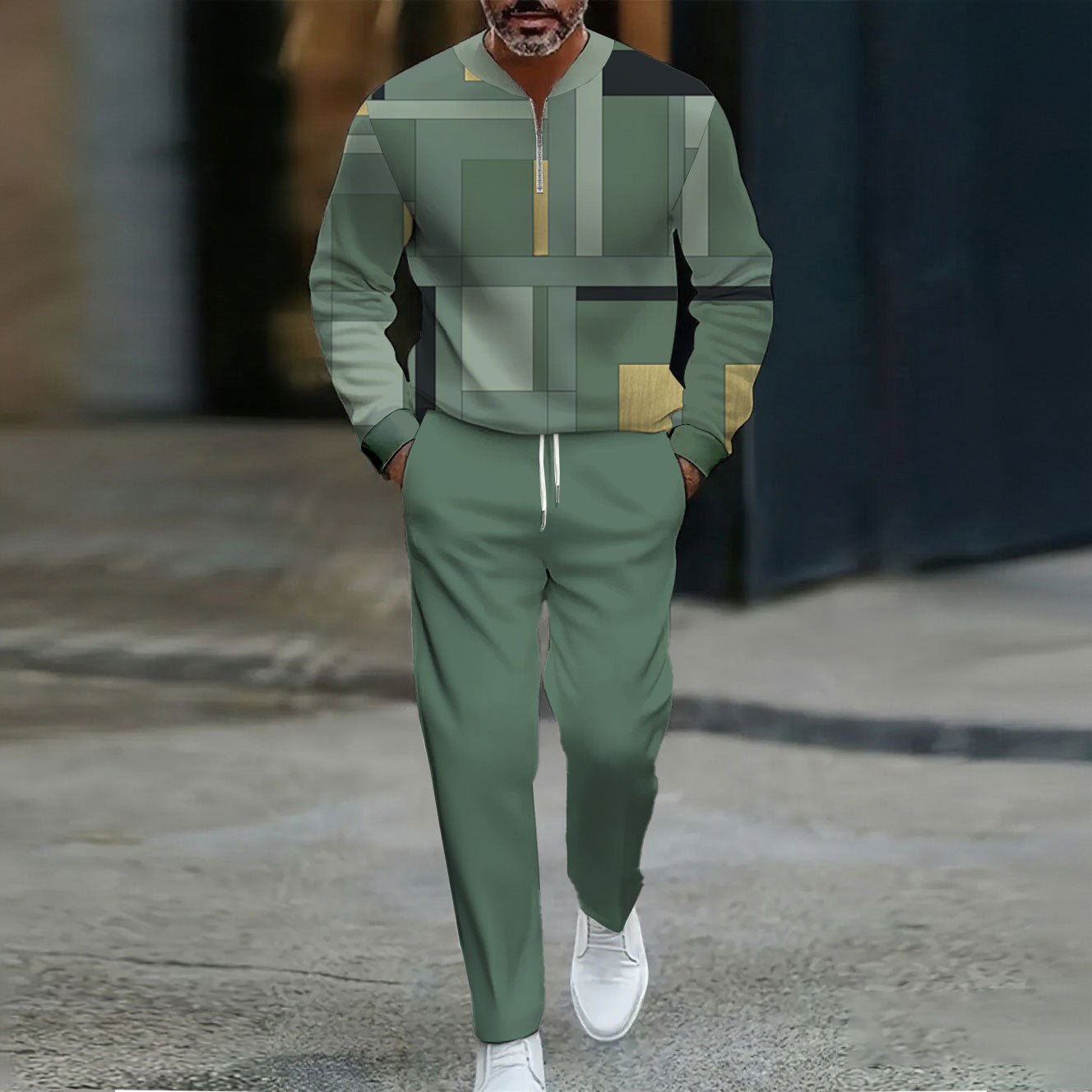 Men's Casual Green Color Matching Geometric Printed Round-Neck Zipper Long Sleeved Trousers Two-Piece Set
