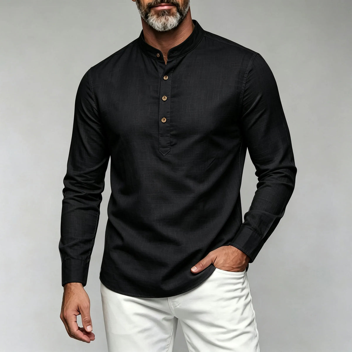 Men's Slim-Fit Shirt with Stand-Up Collar and Half-Open Front