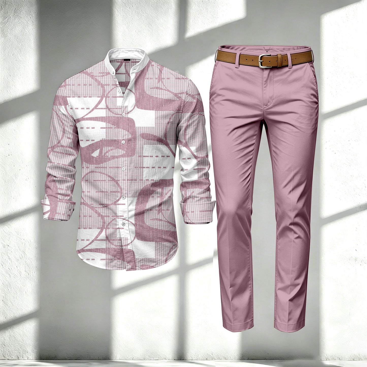 Men's Pink-and-White Color-Blocked Stand-Collar Long-Sleeve Shirt and Pants Set