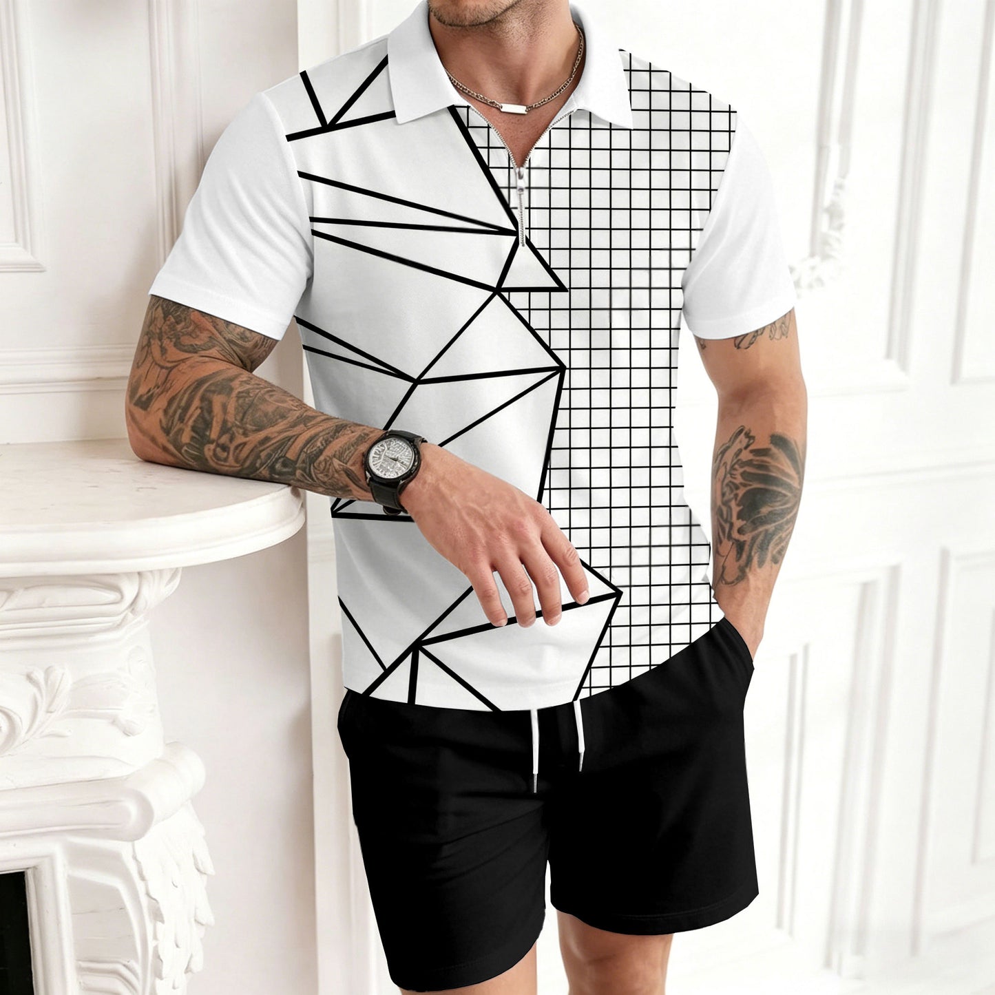 Men's Casual White Lines Color Matching Printed Short Sleeved Zipper Polo Shirt & Shorts Two-Piece Set