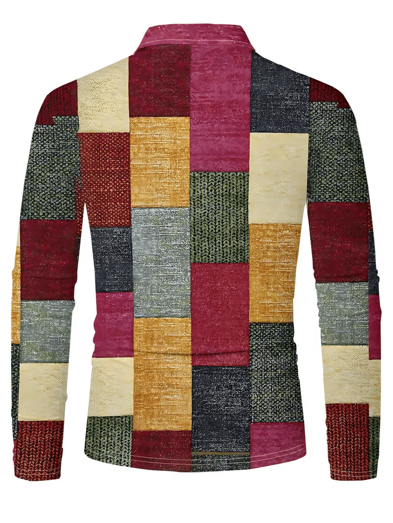 Men's Retro Business Stripe Print Long Sleeve Polo Shirt