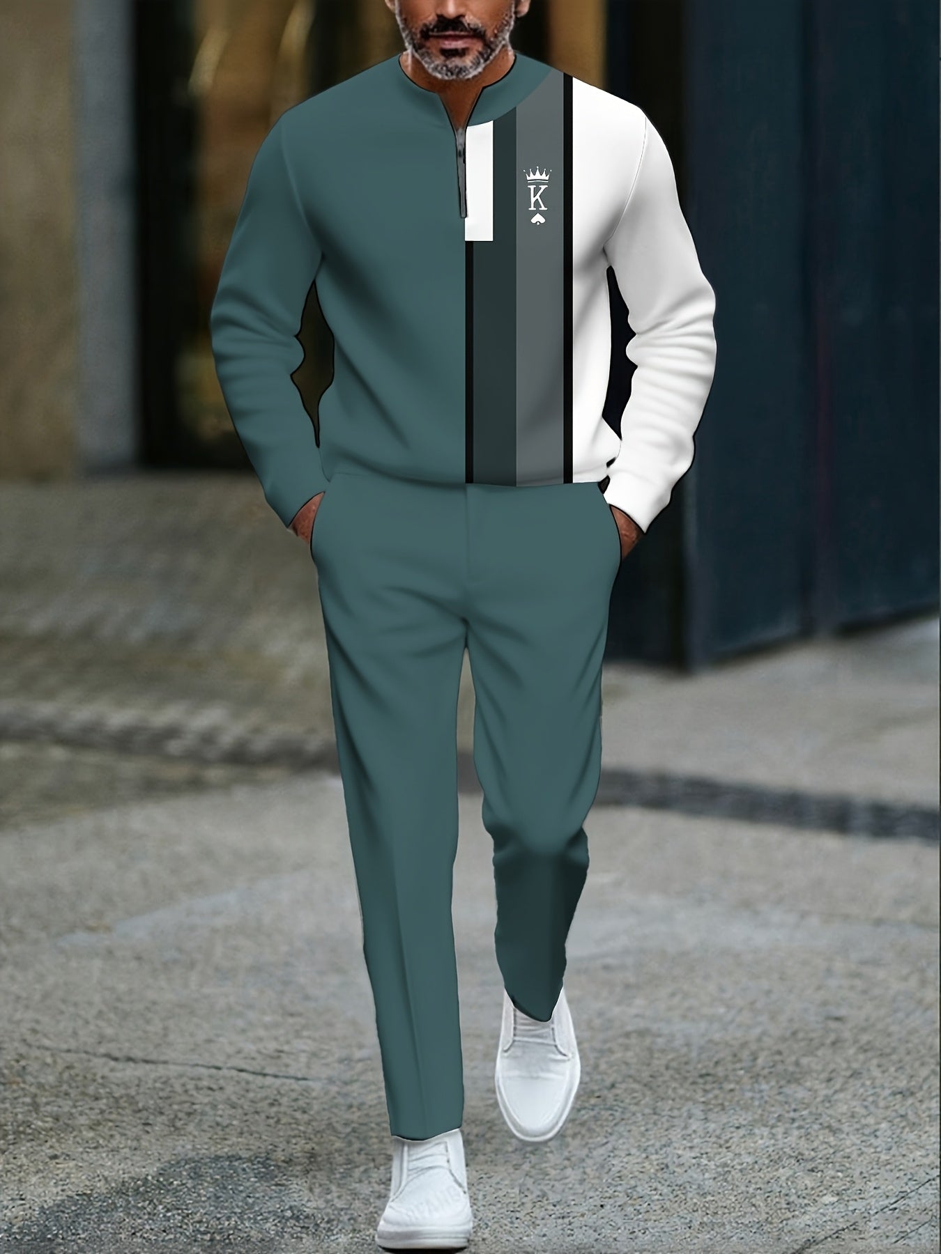 Men's Casual Green & White Color Matching Geometric Printed Round-Neck Zipper Long Sleeved Sweatshirt & Trousers Two-Piece Set