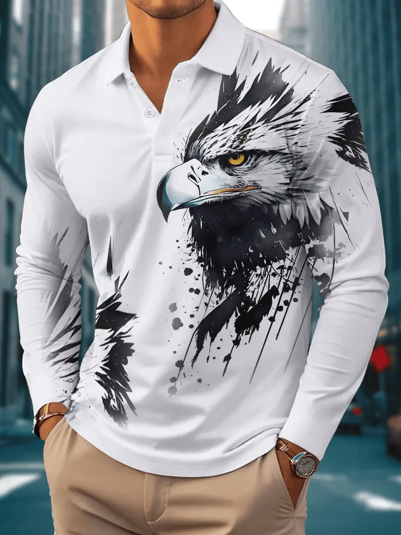 Men's Retro Business Stripe Print Long Sleeve Polo Shirt