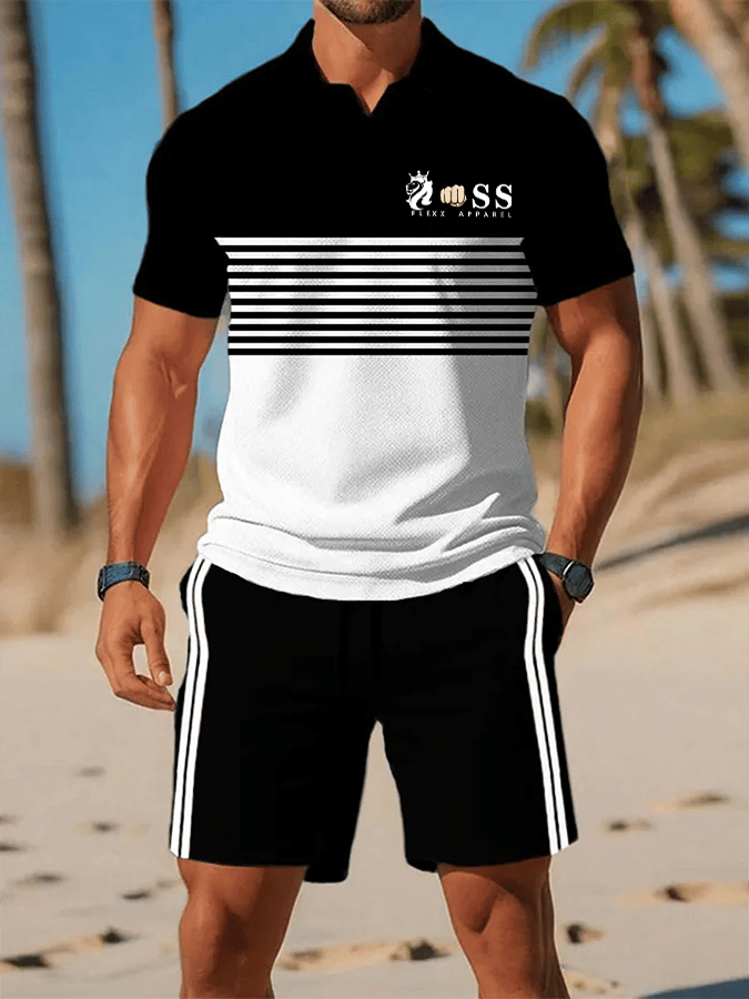 Men's Retro Letter Design Casual Business Short Sleeve Polo Shirt Suit