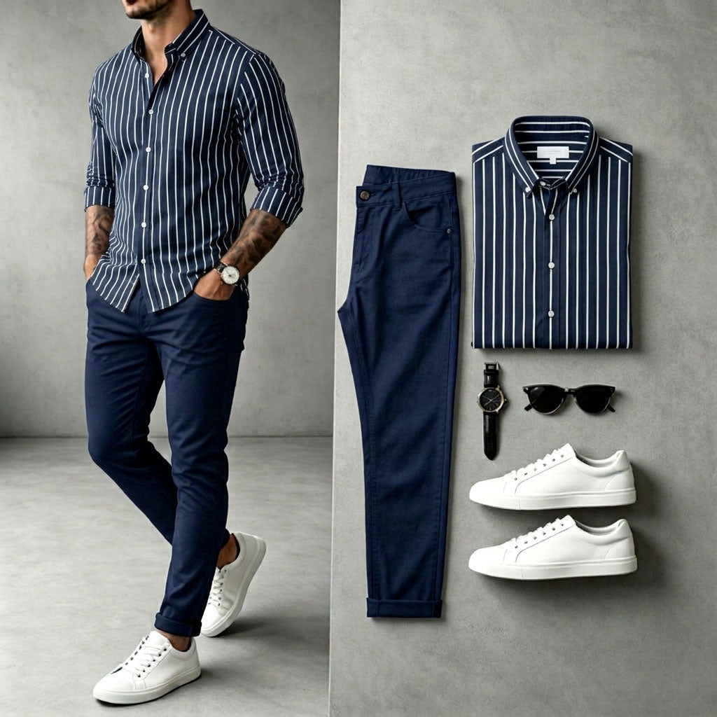 Men's Striped Long-Sleeve Shirt and Pants Set