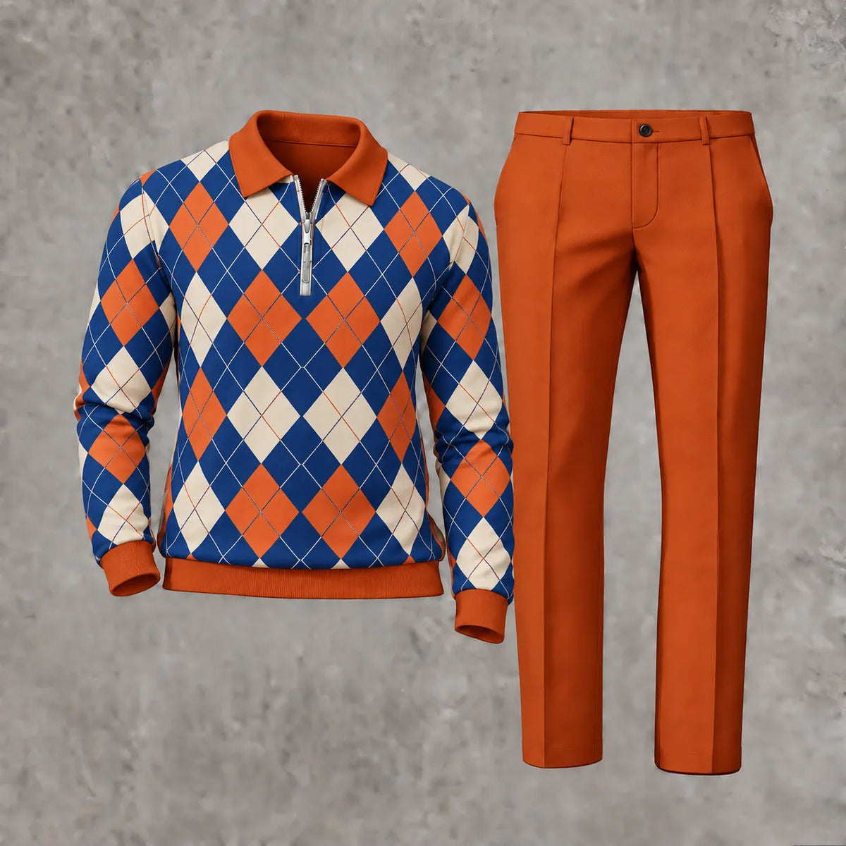 Men's Printed Zipper Polo Shirt and Pants Set