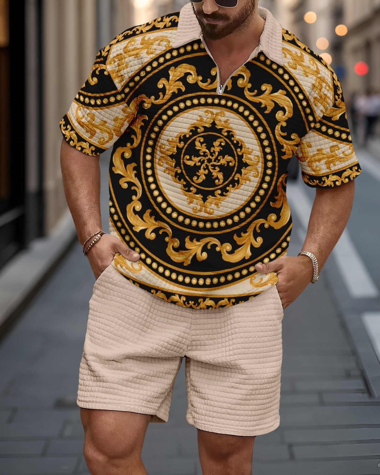 Men's casual waffle texture summer Polo Set 037